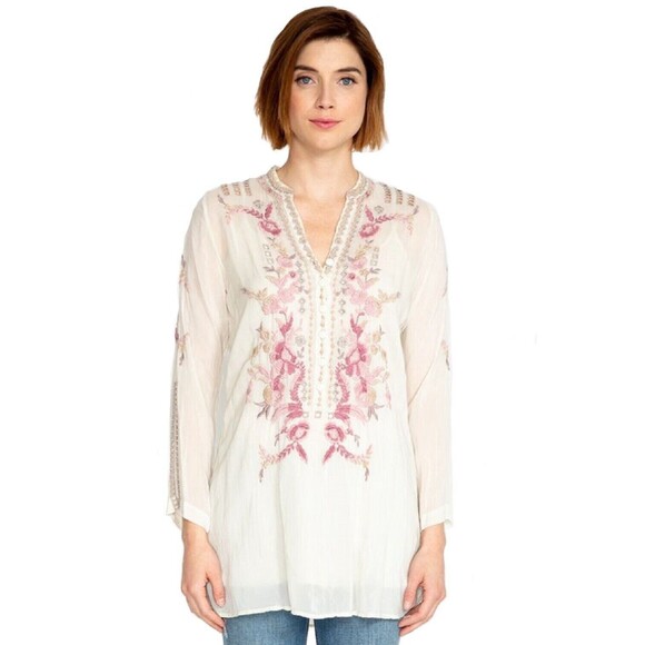 Johnny Was Tops - Johnny Was Womens Size Small Floral Embroidered Boho Clio Tunic in Shell Beige